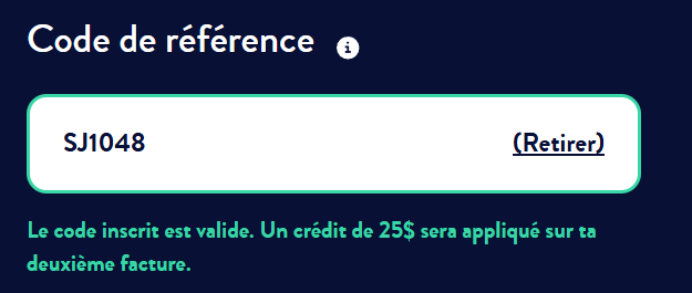 Champ Code de référence EBOX contenant SJ1048, avec confirmation du crédit de 25 $ sur la deuxième facture.