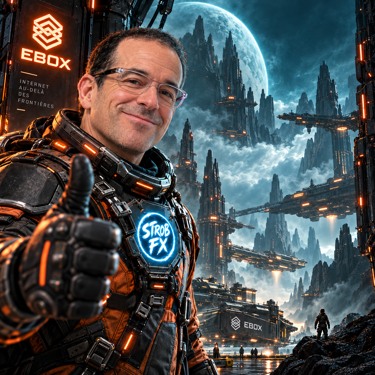 Jocelyn en combinaison STROB FX, dans une station spatiale éclairée en orange et cyan.